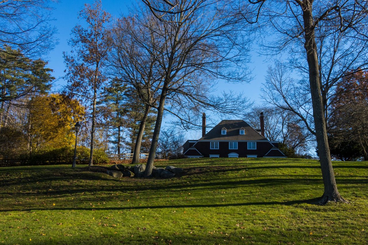 A house set back among mature trees on an early autumn morning